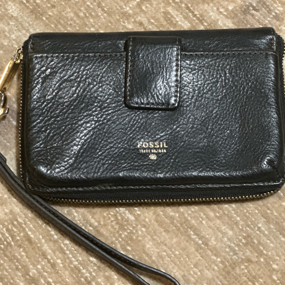 Fossil Black Leather Wallet wristlet purse clutch bag green inside